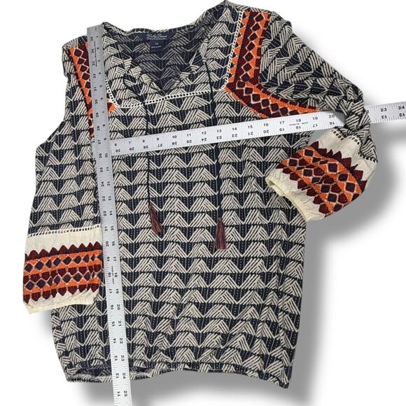 Lucky Brand Top Womens XS Beige/Navy Cotton Linen Embroidered Peasant Pullover - Picture 6 of 8